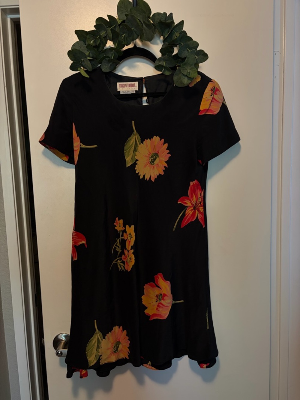 Vintage 90s Maggy London Silk Dress with Yellow & Red Floral Print
